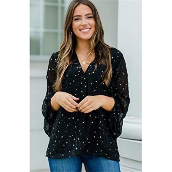 Womens V Neck Chiffon Blouses Casual Balloon Sleeve Floral Print Shirts Tops - Picture 4 of 10